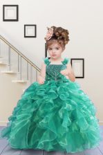 Most Popular Turquoise Ball Gowns Organza Straps Sleeveless Beading and Ruffles Floor Length Lace Up Little Girls Pageant Gowns
