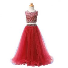 Amazing Red Two Pieces Organza Scoop Sleeveless Beading Floor Length Zipper Flower Girl Dress
