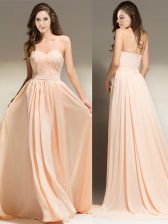 Attractive Peach Sleeveless Chiffon Brush Train Clasp Handle Evening Dress for Prom