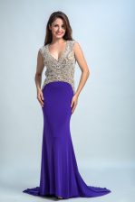  Purple V-neck Backless Beading Prom Evening Gown Sleeveless