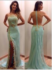 Elegant Apple Green Mermaid Strapless Sleeveless Tulle Court Train Zipper Sequins Prom Gown
