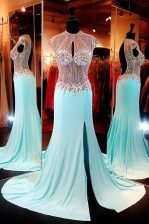 Cheap Cap Sleeves With Train Beading Backless Evening Dress with Aqua Blue Sweep Train