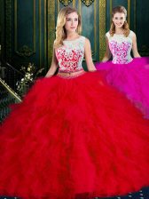 Extravagant Scoop Sleeveless Floor Length Lace and Ruffles Zipper Quinceanera Dresses with Red