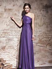  Purple Chiffon Side Zipper One Shoulder Cap Sleeves Floor Length Prom Evening Gown Ruching