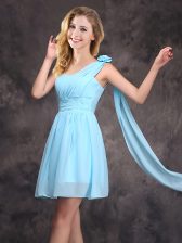 Suitable One Shoulder Sleeveless Chiffon Quinceanera Dama Dress Ruching and Hand Made Flower Zipper