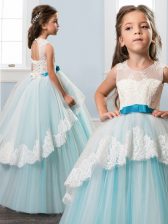 Best Scoop Backless Tulle Sleeveless Floor Length Little Girls Pageant Dress Wholesale and Lace and Bowknot