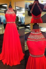 Glittering Halter Top Sleeveless Chiffon Floor Length Backless Prom Evening Gown in Red with Beading