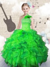 Classical Floor Length Green Girls Pageant Dresses Organza Sleeveless Beading and Ruffles