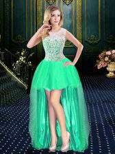 Adorable Scoop High Low Clasp Handle Evening Dress Turquoise for Prom and Party and Military Ball and Wedding Party with Beading