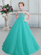  Halter Top Floor Length Turquoise Child Pageant Dress Organza Sleeveless Beading