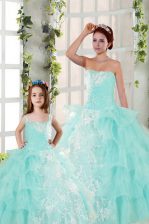 Attractive Ruffled Ball Gowns Ball Gown Prom Dress Aqua Blue Strapless Organza Sleeveless Floor Length Lace Up
