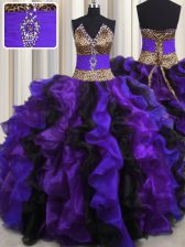  Leopard V Neck Sleeveless Beading and Ruffles Lace Up Sweet 16 Quinceanera Dress