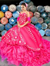  Hot Pink Organza and Taffeta Lace Up Quinceanera Dresses Sleeveless With Brush Train Beading and Embroidery and Ruffles