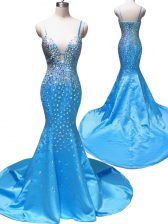 Eye-catching Mermaid Satin Sleeveless With Train Dress for Prom Court Train and Beading