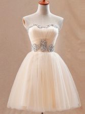 Attractive Mini Length Champagne Dress for Prom Tulle Sleeveless Beading
