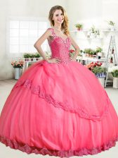  Halter Top Hot Pink Tulle Lace Up Quinceanera Dress Sleeveless Floor Length Beading and Appliques