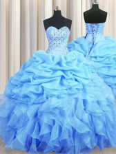  Baby Blue Organza Backless Sweet 16 Dresses Sleeveless Floor Length Beading and Ruffles and Pick Ups