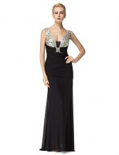  Straps Sleeveless Floor Length Beading Black Chiffon
