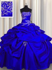  Royal Blue Taffeta Lace Up Strapless Sleeveless Floor Length Vestidos de Quinceanera Appliques and Pick Ups