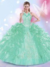  Ball Gowns 15th Birthday Dress Apple Green Halter Top Organza Sleeveless Floor Length Lace Up