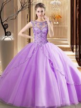 Fashion Scoop Lavender Tulle Lace Up Quinceanera Dress Sleeveless Brush Train Beading
