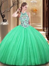 Dramatic Tulle Sleeveless Floor Length Quince Ball Gowns and Lace and Appliques
