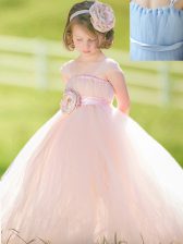  Straps Sleeveless Toddler Flower Girl Dress Floor Length Bowknot and Hand Made Flower Baby Pink Tulle