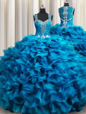  Zipple Up See Through Back Teal Sleeveless Floor Length Beading and Ruffles Zipper Quinceanera Dress