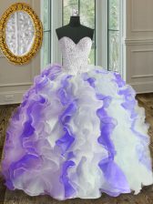  White and Purple Sweetheart Lace Up Beading and Ruffles Quinceanera Dresses Sleeveless