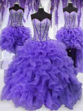  Four Piece Sleeveless Organza Floor Length Lace Up Sweet 16 Dresses in Lavender with Embroidery and Ruffles and Ruffled Layers and Sashes ribbons