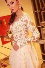 Sweet Lace Knee Length White Prom Party Dress Sweetheart Long Sleeves Backless