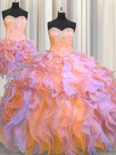 Charming Three Piece Floor Length Lace Up Vestidos de Quinceanera Multi-color for Military Ball and Sweet 16 and Quinceanera with Beading and Appliques and Ruffles