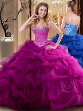  Sleeveless Floor Length Beading and Ruffles Lace Up Sweet 16 Quinceanera Dress with Fuchsia