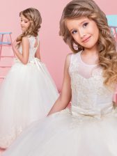 Extravagant White Ball Gowns Tulle Scoop Sleeveless Lace and Bowknot Floor Length Lace Up Toddler Flower Girl Dress