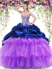 High Class Multi-color Ball Gowns Organza and Taffeta Sweetheart Sleeveless Beading and Ruffled Layers and Pick Ups With Train Lace Up Sweet 16 Quinceanera Dress Brush Train