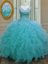 High Quality Ball Gowns 15 Quinceanera Dress Aqua Blue V-neck Organza Sleeveless Floor Length Zipper