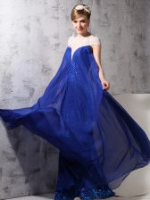 Edgy Sequins Column/Sheath Evening Dress Royal Blue High-neck Chiffon and Sequined Sleeveless Floor Length Zipper