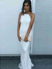  Mermaid Square White Sleeveless Brush Train Lace Evening Dress