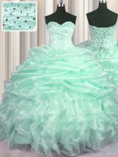  Sweetheart Sleeveless Quinceanera Dress With Train Sweep Train Beading and Ruffles and Pick Ups Apple Green Organza