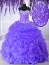 Custom Design Sleeveless Organza Floor Length Lace Up Sweet 16 Quinceanera Dress in Lavender with Beading and Ruffles