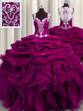  See Through Back Sleeveless Beading and Ruffles and Sequins Zipper Quinceanera Gown