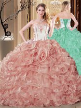  Pink Organza Lace Up Quinceanera Dresses Sleeveless Floor Length Embroidery and Ruffles