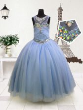  Light Blue Organza Zipper Scoop Sleeveless Floor Length Child Pageant Dress Beading and Ruffles