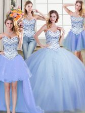  Four Piece Light Blue Tulle Lace Up Sweetheart Sleeveless Floor Length 15th Birthday Dress Beading