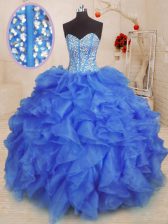 Excellent Sleeveless Organza Floor Length Lace Up Vestidos de Quinceanera in Royal Blue with Beading and Ruffles