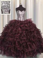 Flare Visible Boning Sweetheart Sleeveless Quince Ball Gowns Floor Length Ruffles and Sequins Dark Purple Organza and Sequined