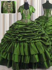 Green Taffeta Lace Up Sweetheart Sleeveless With Train Sweet 16 Dresses Brush Train Beading and Appliques and Pick Ups