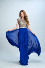  Royal Blue Column/Sheath Chiffon Bateau Cap Sleeves Beading Floor Length Zipper Prom Gown
