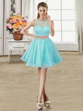 Decent Scoop Sleeveless Mini Length Beading Zipper with Aqua Blue