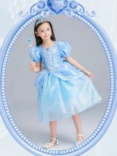  A-line Flower Girl Dresses for Less Light Blue Square Organza Short Sleeves Tea Length Zipper